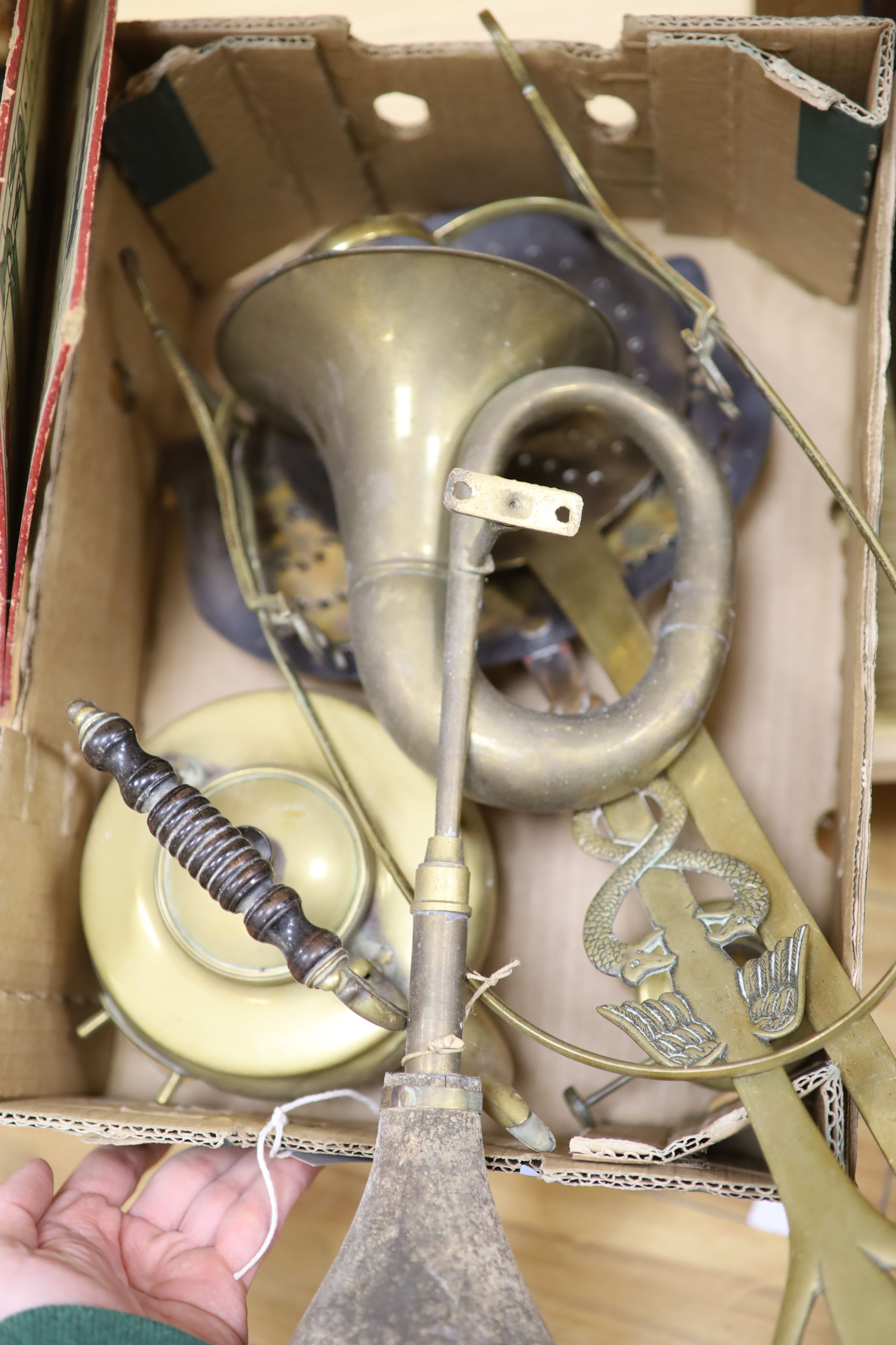 Miscellaneous metalware, including two Eastern copper kettles, pewter measures, chestnut roaster etc.